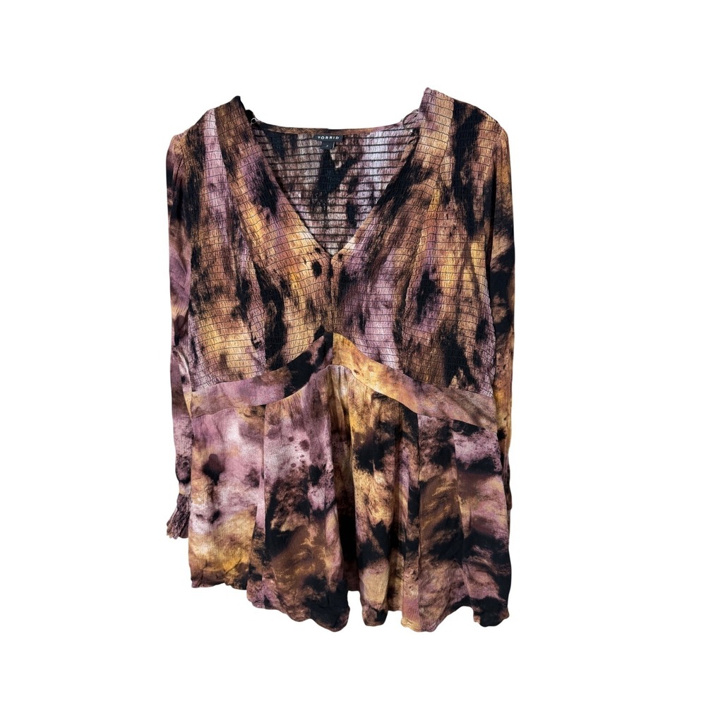 Torrid Womens Plus Size 2 Abstract Tie Dye Smocked V-Neck Babydoll Blouse Top